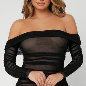 Ruched Off Shoulder Mesh Black Top